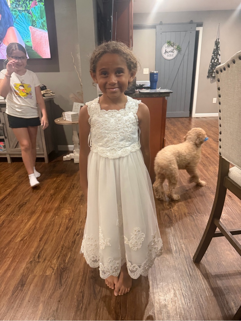 David's Bridal White Lace Chiffon Flower Girl Dress - Picture 1 of 3